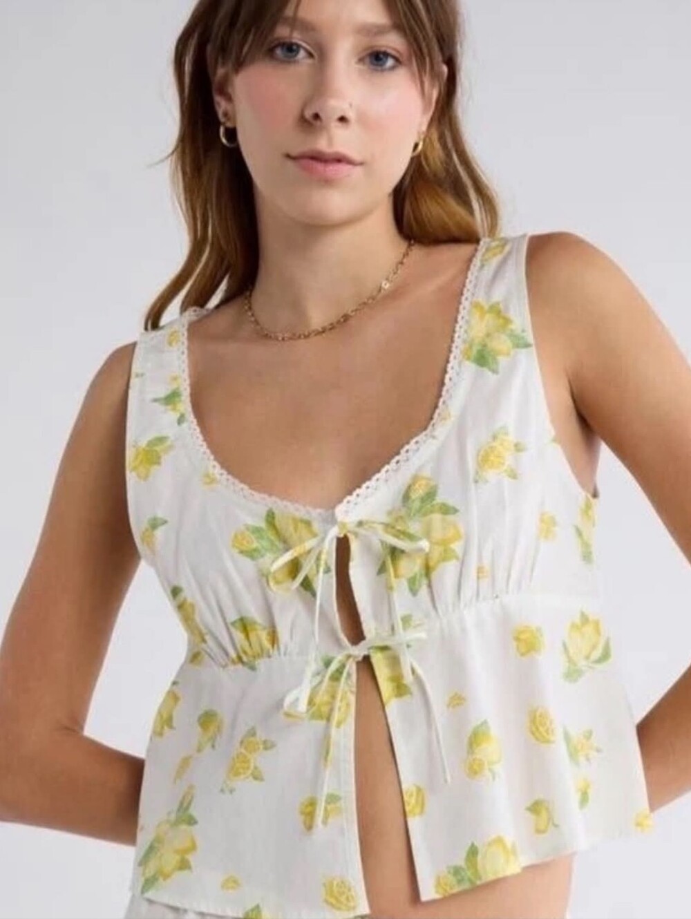 Sweet Abound White Lemon-Print Tie Tank Top Ladies Medium NWT